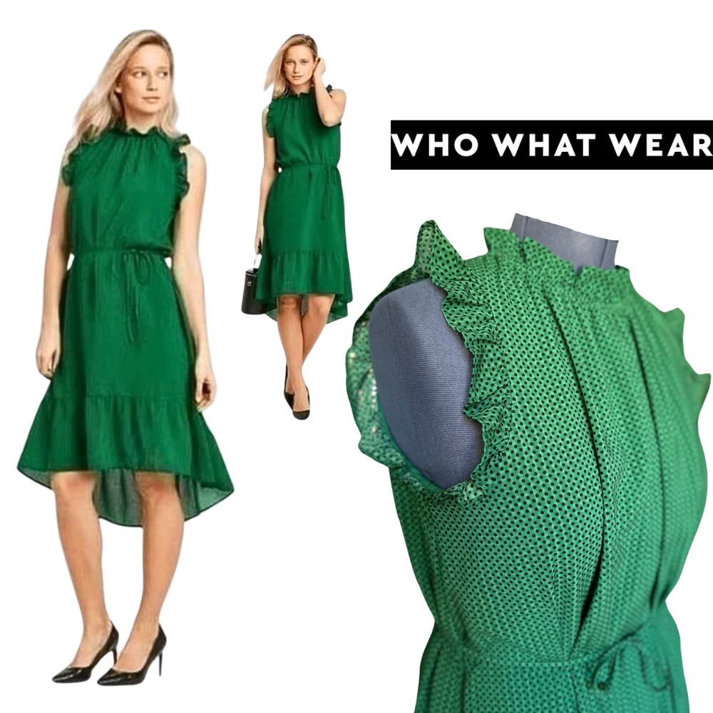 Green Polka Dot Chiffon Ruffle Dress Spring Summer Office Church Modest Travel